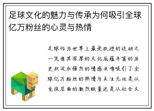 足球文化的魅力与传承为何吸引全球亿万粉丝的心灵与热情